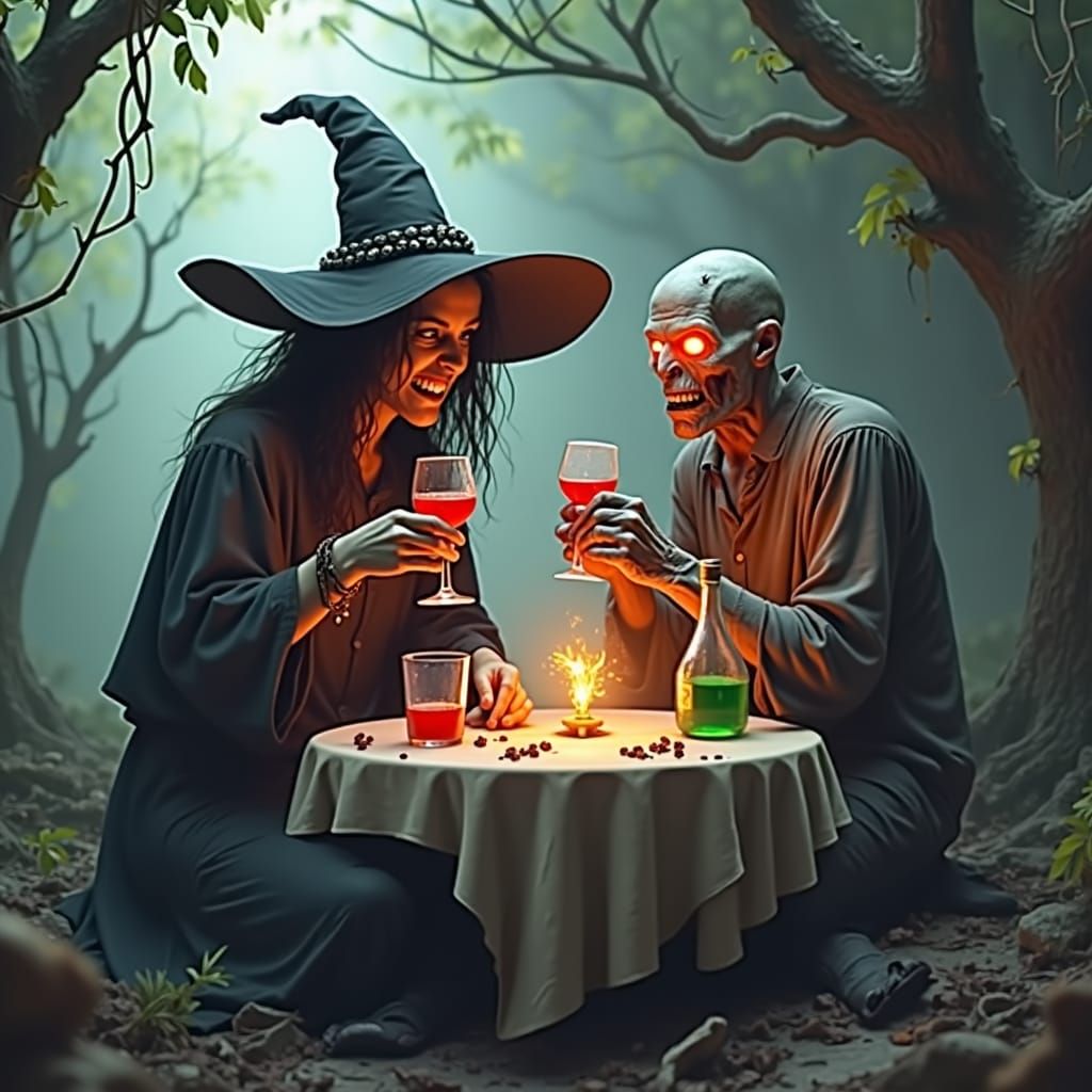 Witch and Zombie Party in Dark Jungle, Hyperrealistic Art