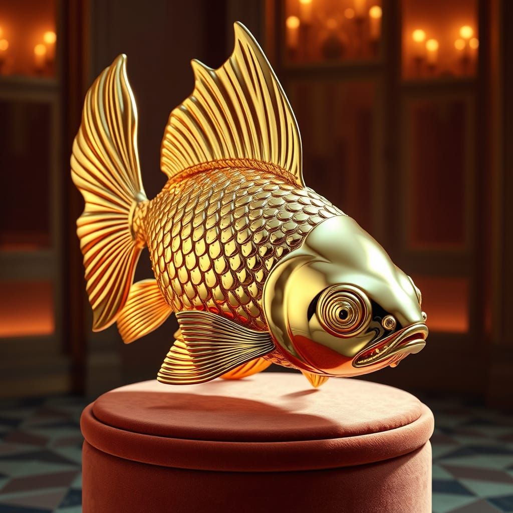 Luxurious Solid Gold Goldfish Sculpture in Dreamlike Style
