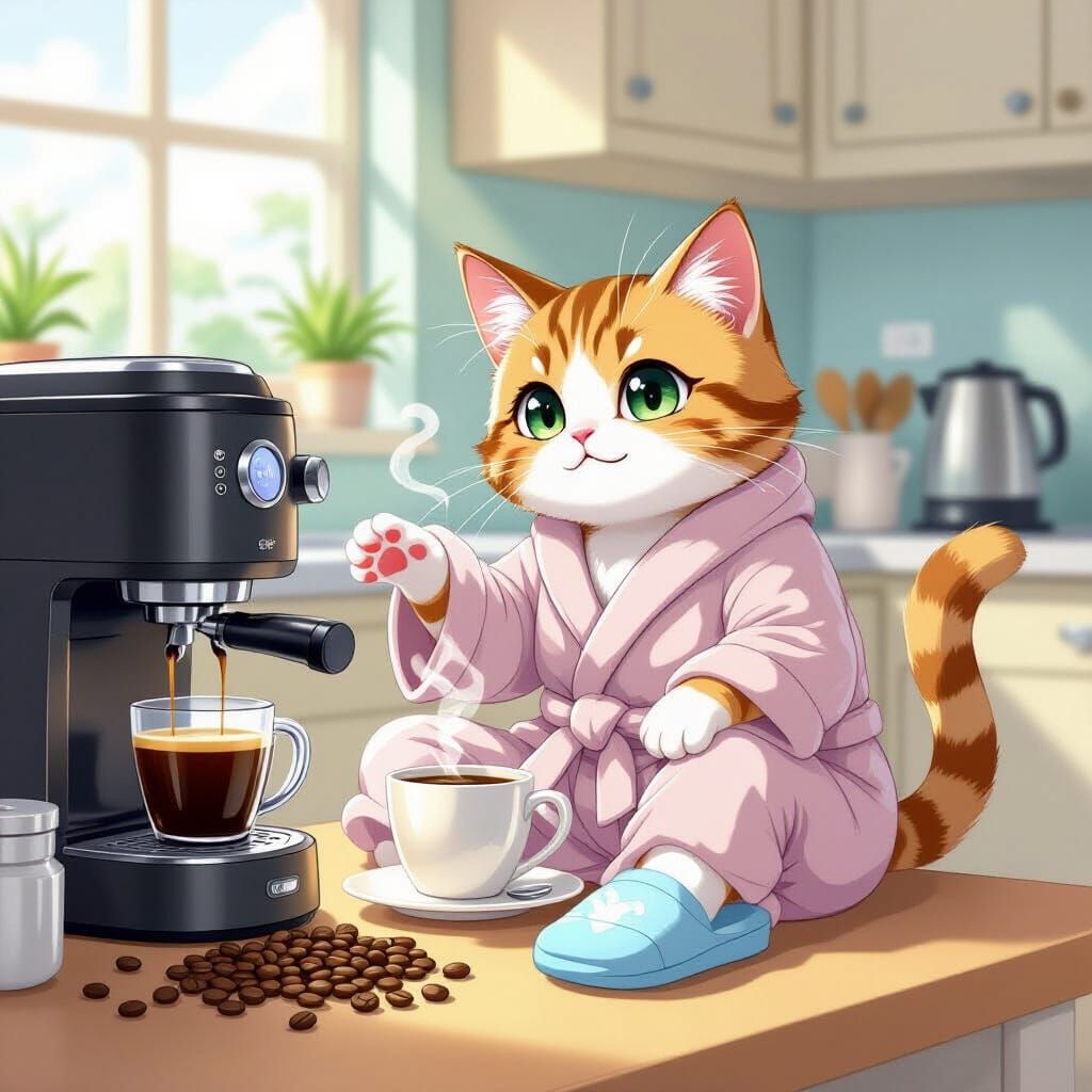 Cartoon Cat's Coffee Catastrophe in Anime Style