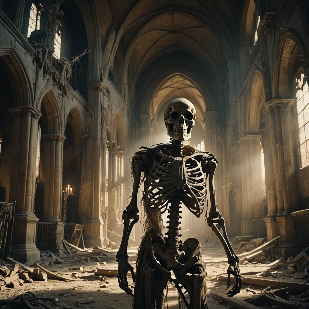 Towering Skeleton in Abandoned Cathedral: Cinematic Film Sti...