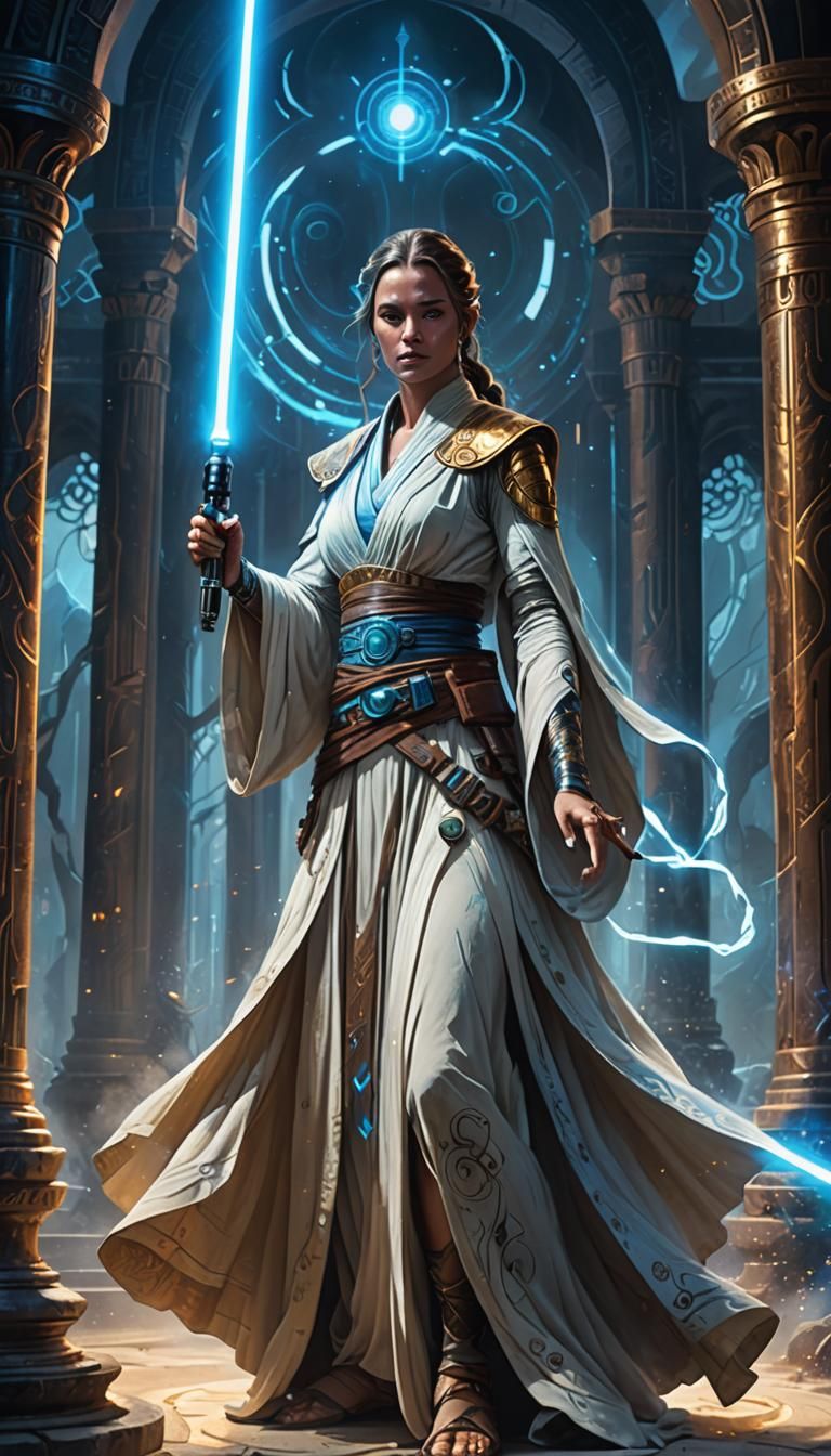Jedi High Priestess with Lightsaber in Mystical Temple