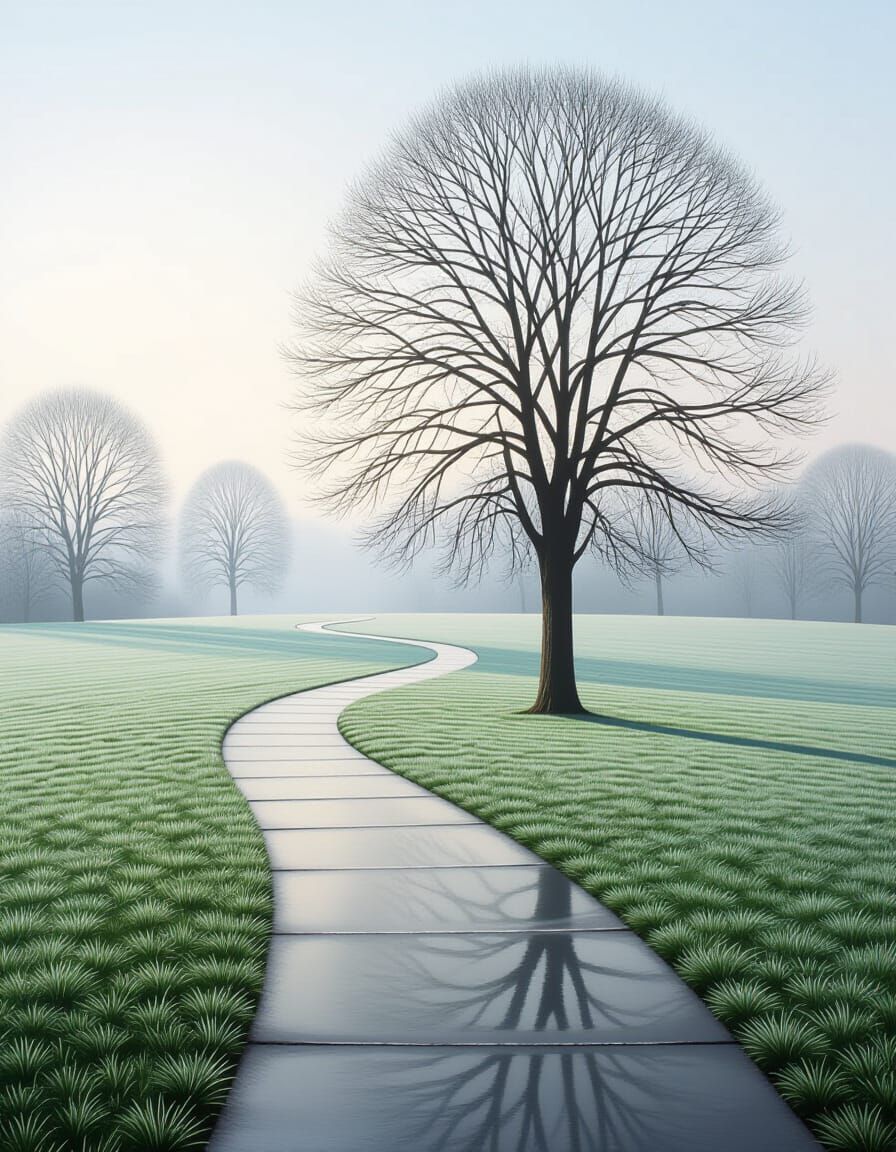 Serene Frosted Park in Heavy Mist, Oil Painting