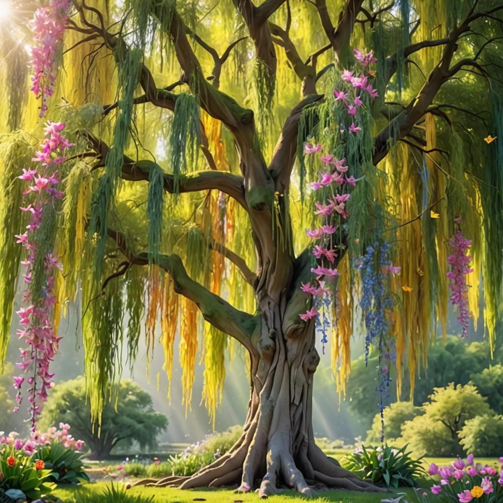 Rainbow Willow with Butterflies and Lotus Flowers