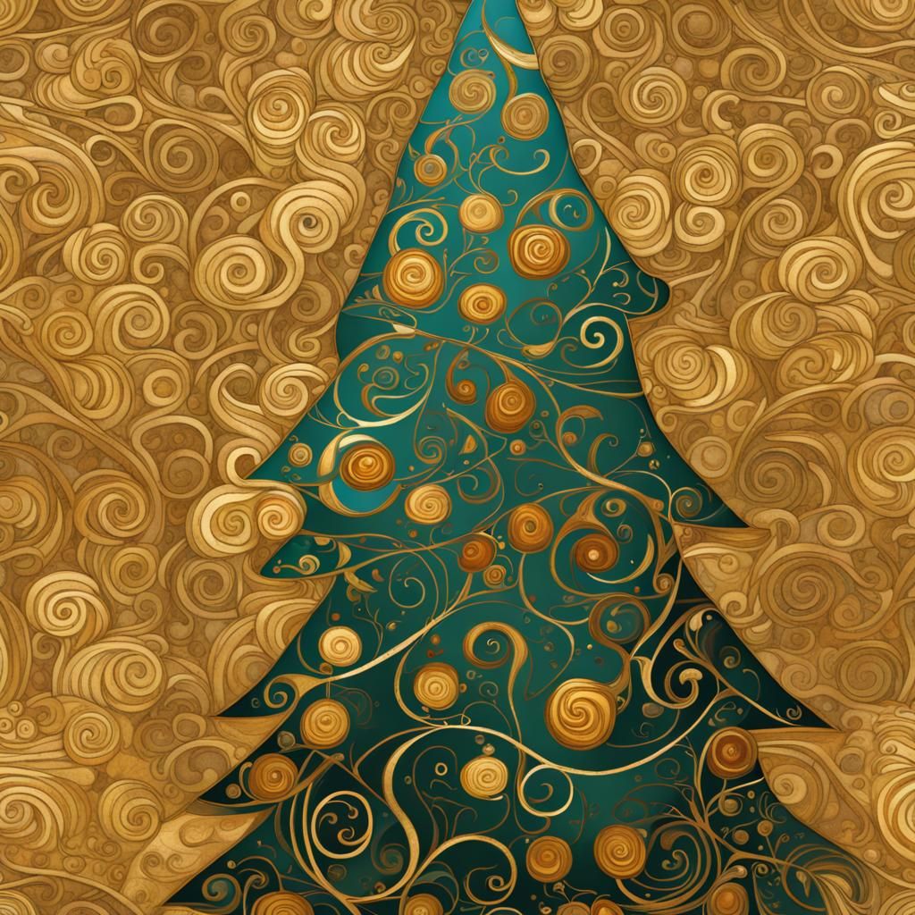 16k resolution, art by Gustav Klimt, Art Nouveau style Christmas tree, swirling golden patterns, intricate mosaic orname...