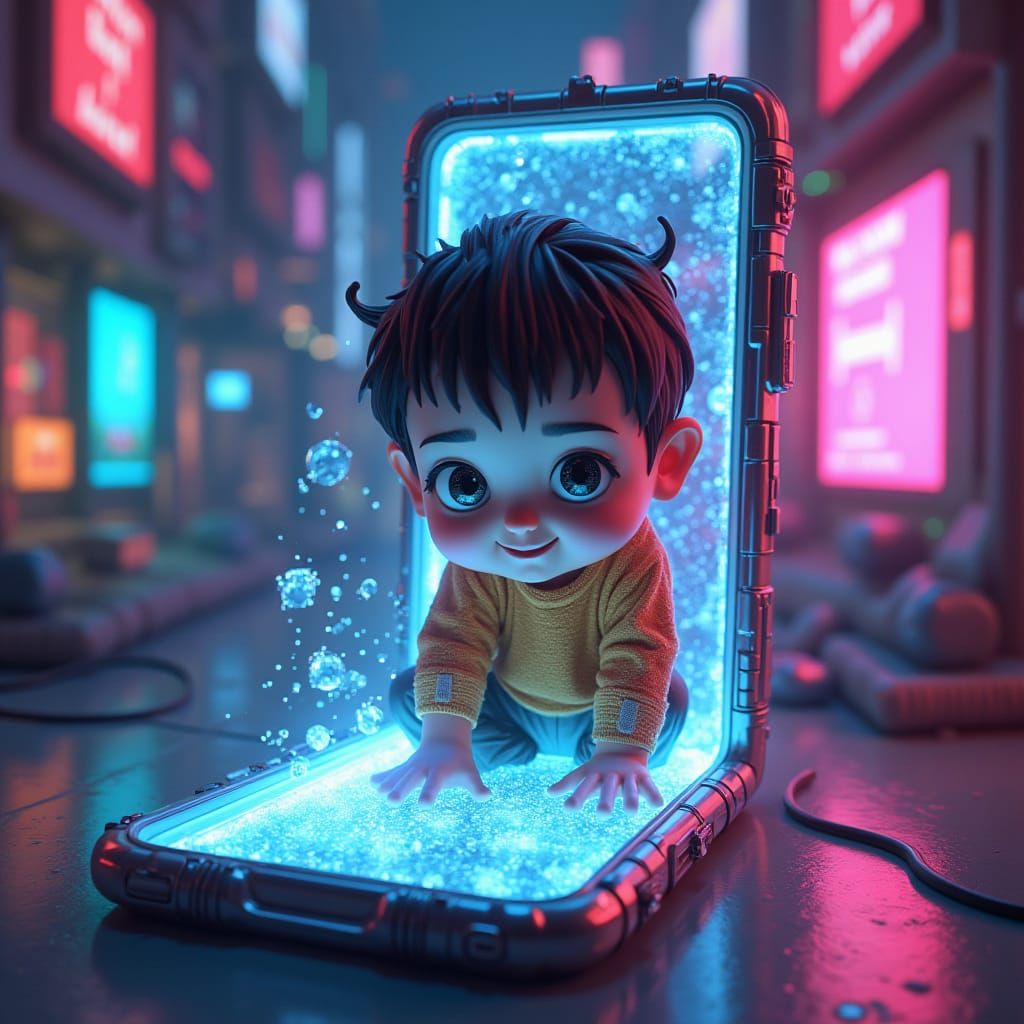 Child Trapped in Smartphone: Cyberpunk Digital Dreamscape