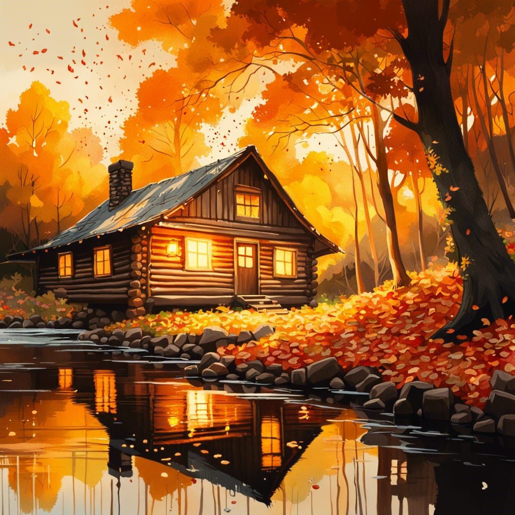 Cozy Log Cabin in Autumn Woods: Oil Painting