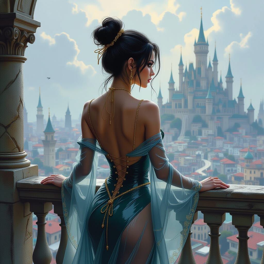 Elf in Cellophane Robe Overlooking Fantasy City