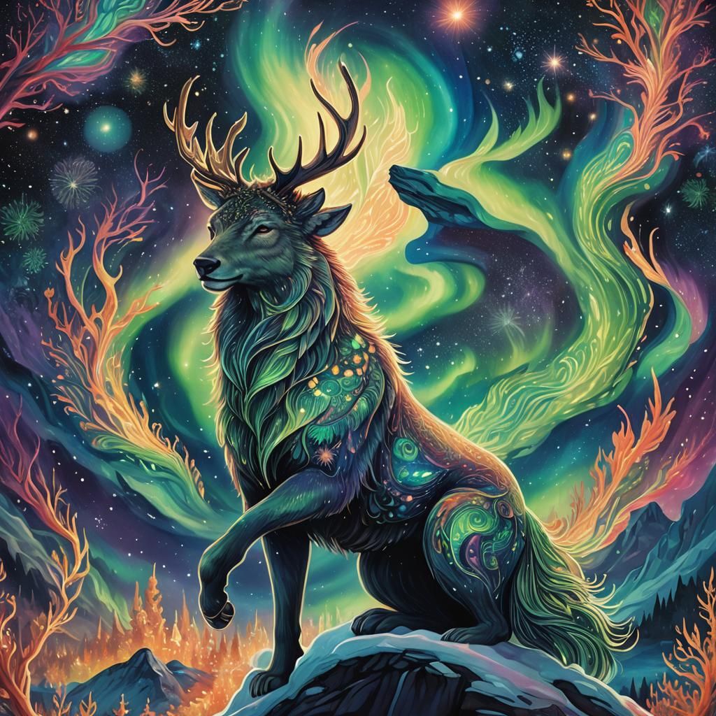 Chromatic Mythical Creature Under Northern Lights