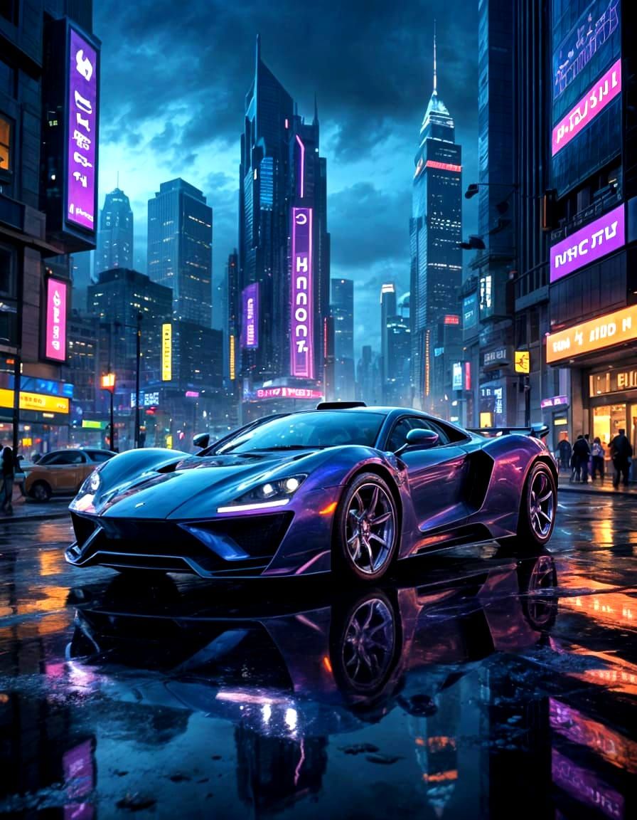 Cyberpunk Chrome Sports Car Speeds Through Futuristic Citysc...