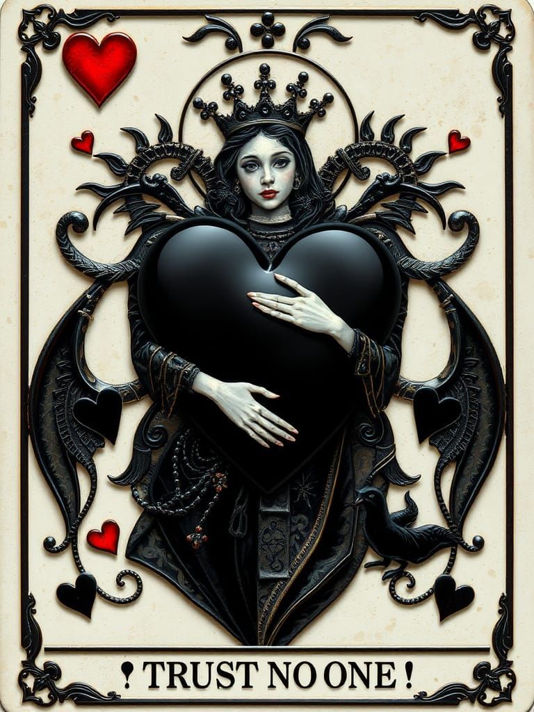 Glass Black Queen of Hearts Tarot Card