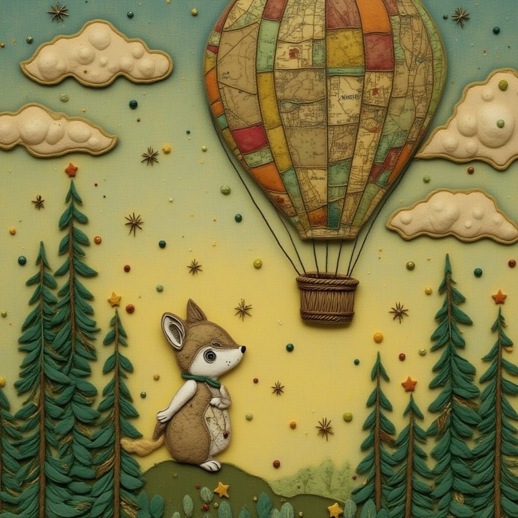 Whimsical Forest Scene with Hot Air Balloon
