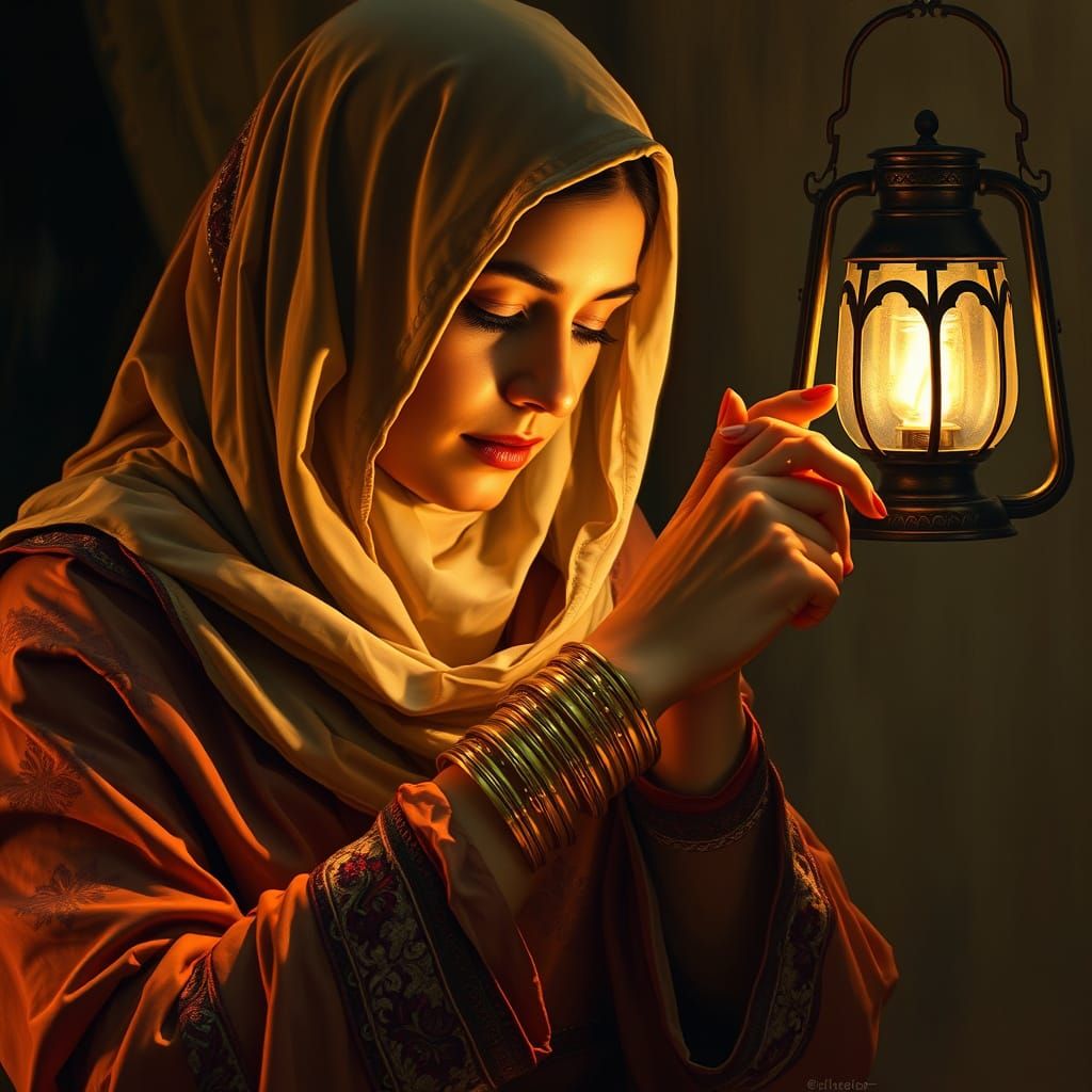 A Veiled Woman Admires Golden Bangles in Soft, Golden Light