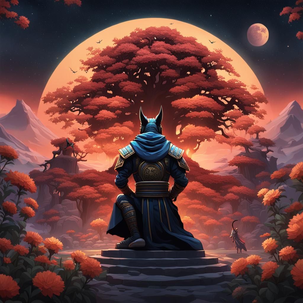 Anubis on Cosmic Throne: Samurai Seeks Mercy