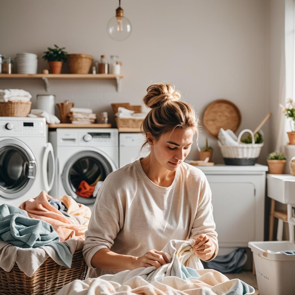 Cozy Laundry Scene: Soft Focus Portrait of Mother