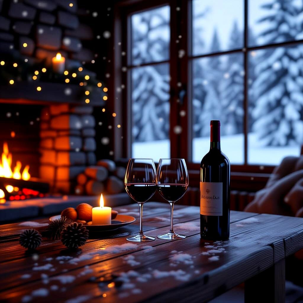 Cozy Cabin Interior with Fireplace and Wine