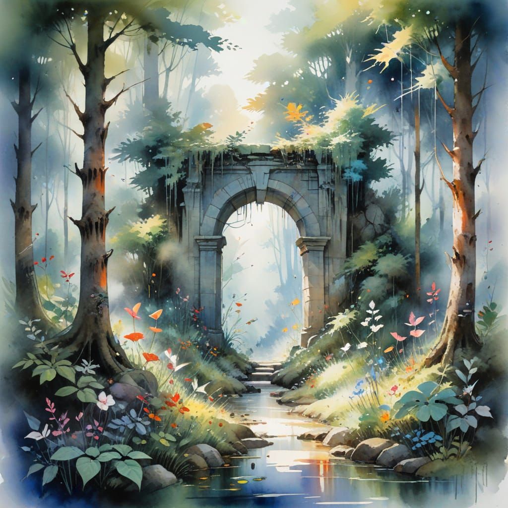 Mystic Portal in Enchanted Forest: Watercolor Art