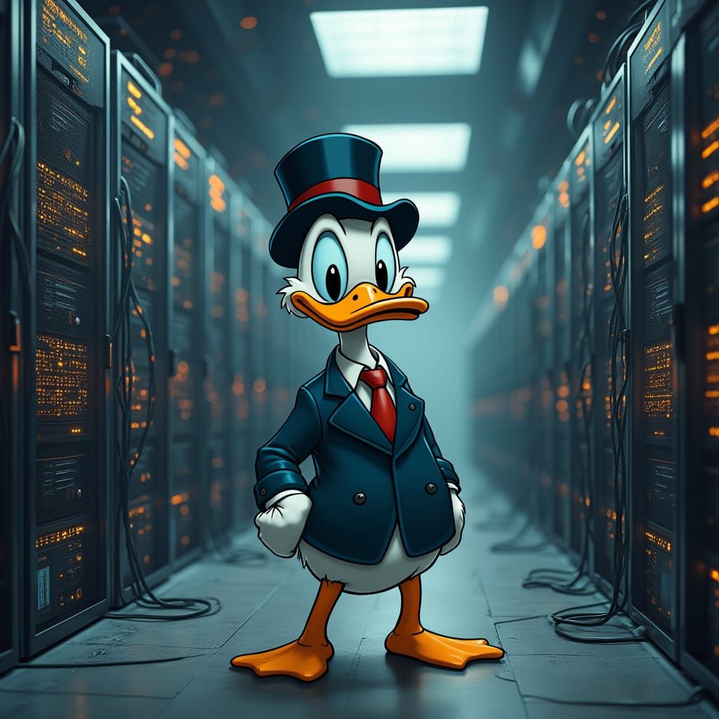 Scrooge McDuck in a Cyberpunk Data Center