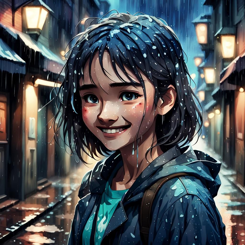 Emotional Anime Girl in Rainy City Alleyway