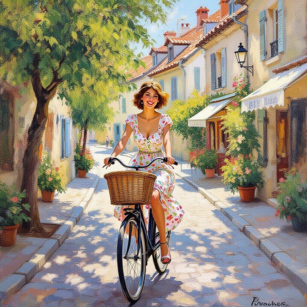 Impressionistic Scene of Woman Biking in Europe