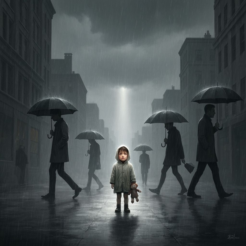 Heartbreaking Image of Child Alone in Rainy Cityscape