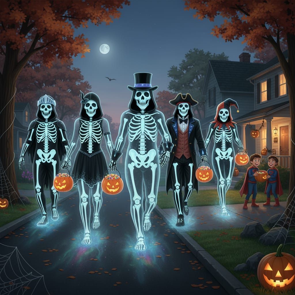 Ghosts in Skeleton Costumes Go Trick-or-Treating