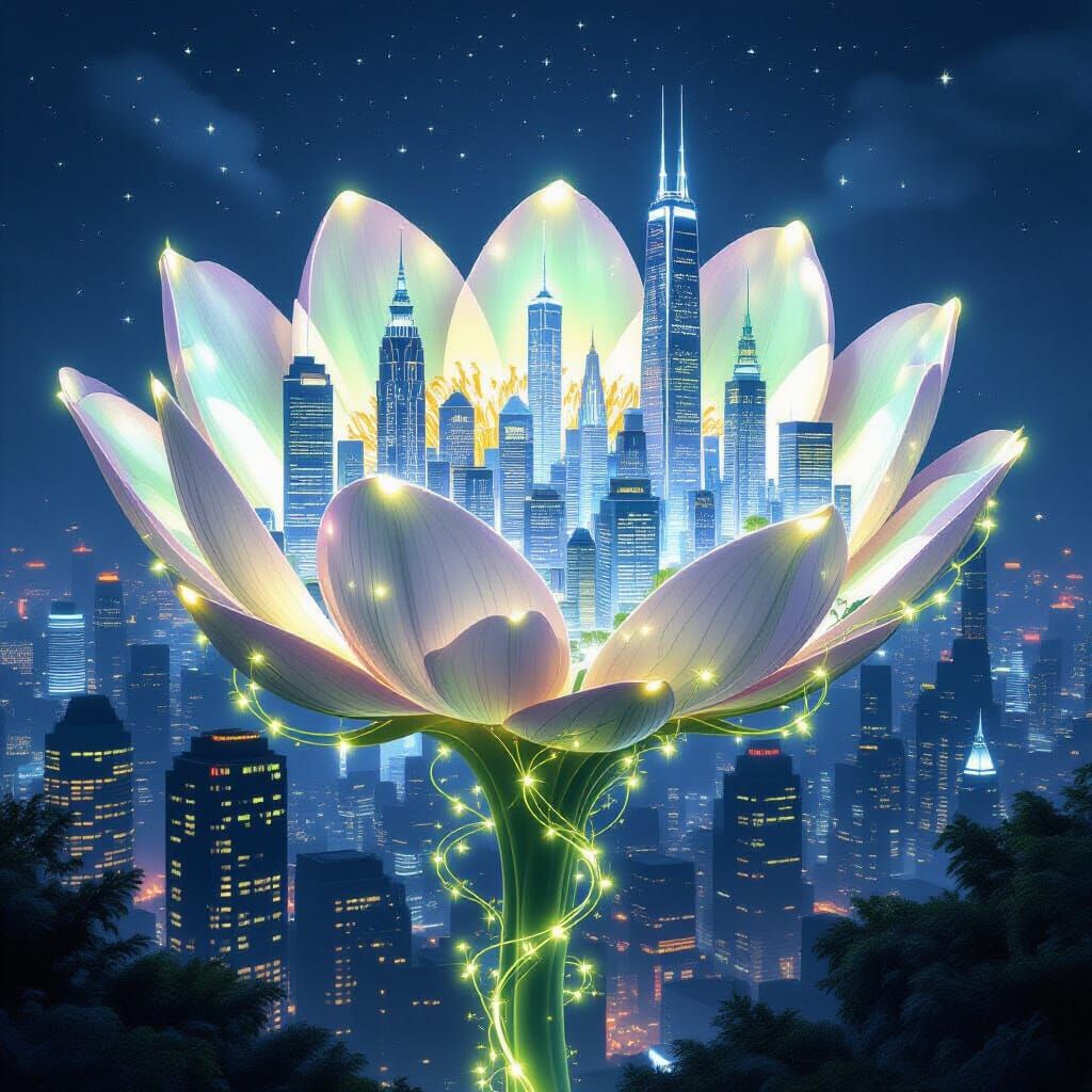 Metropolis Inside Giant Flower With Bioluminescent Vines