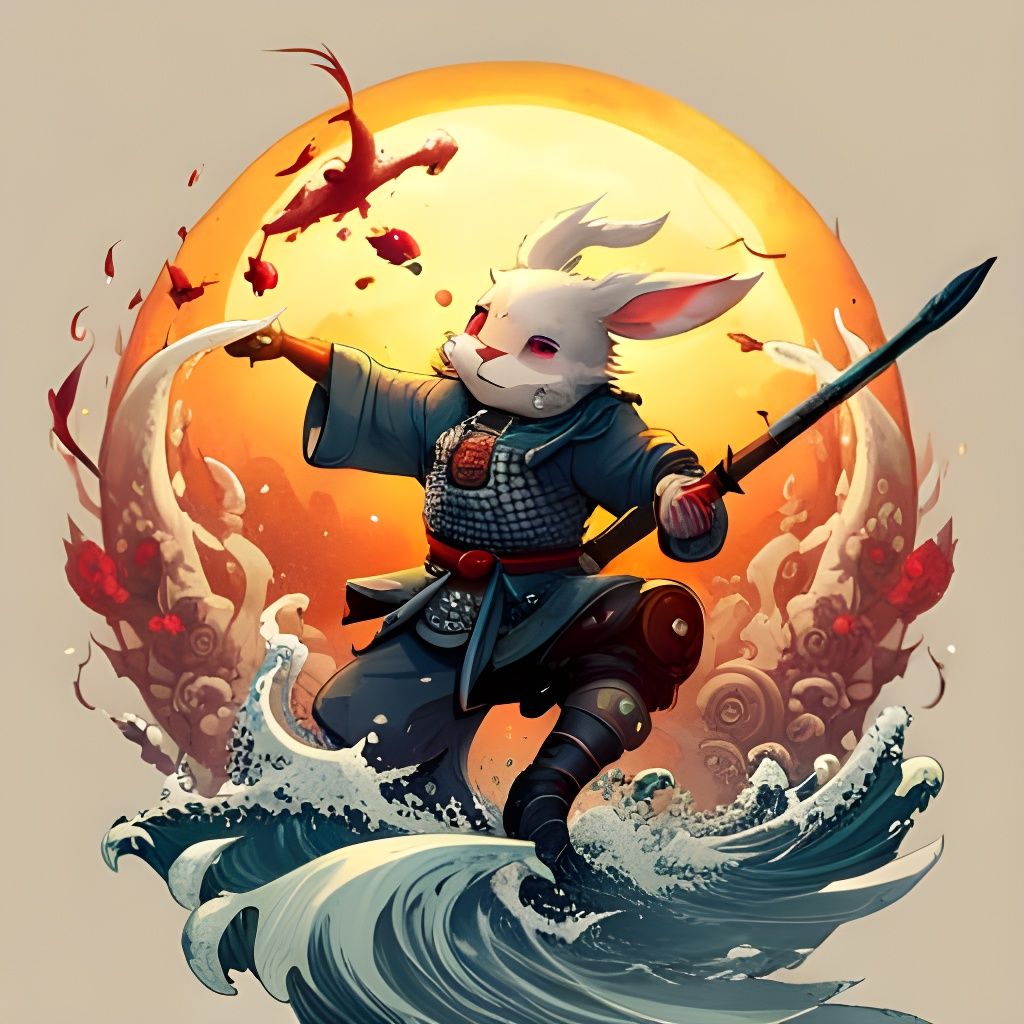 Rabbit Samurai on Koi Fish: Fantasy Art