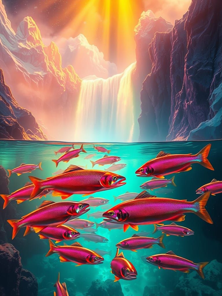 Neon Trout in a Fractal Waterfall Landscape
