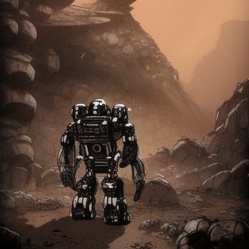 Animorph hippo mandroid hybrid humanoid robot, Galaxy night sky over Barren apocalyptic rocky mountainous fantasy landsc...