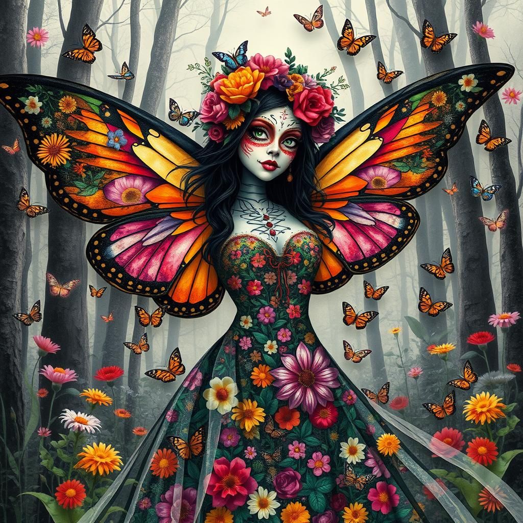 Winged Flower Fairy in Día de los Muertos Face Paint