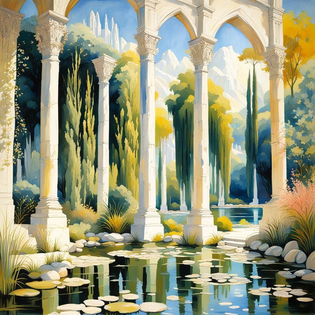 Ethereal Gothic Roman Garden in Impressionist Style