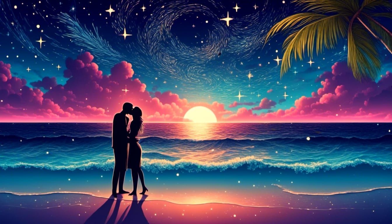 Romantic Tropical Beach Kiss Under Starry Sky