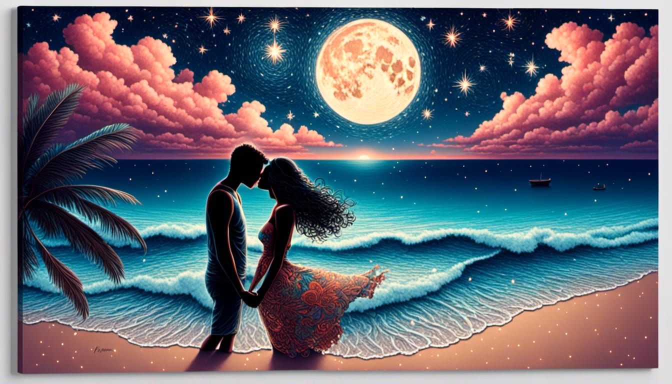 Kissing on a Tropical Beach Under Starry Sky