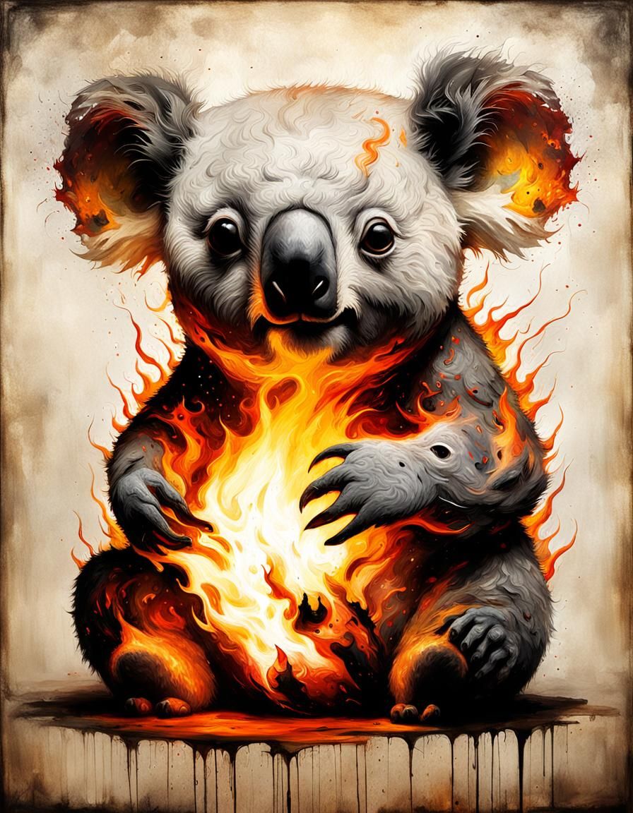 Flaming Koala Portrait in Volcanic Landscape
