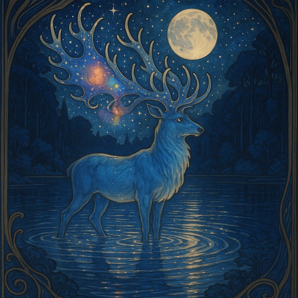 Stag in Moonlit Lake with Constellation Antlers