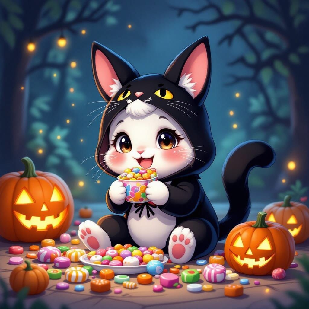 Bunny in Cat Costume Eats Halloween Candy