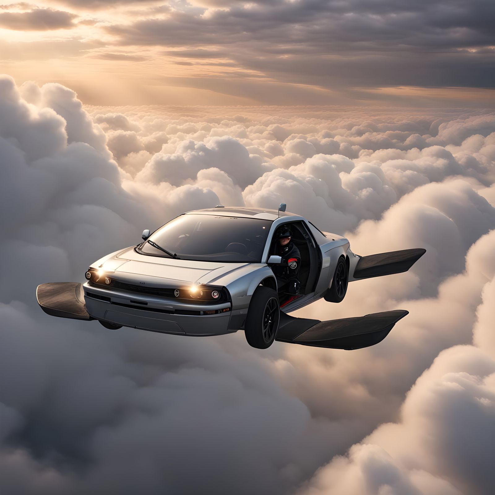 Flying Car Drifting Through Clouds in a Race