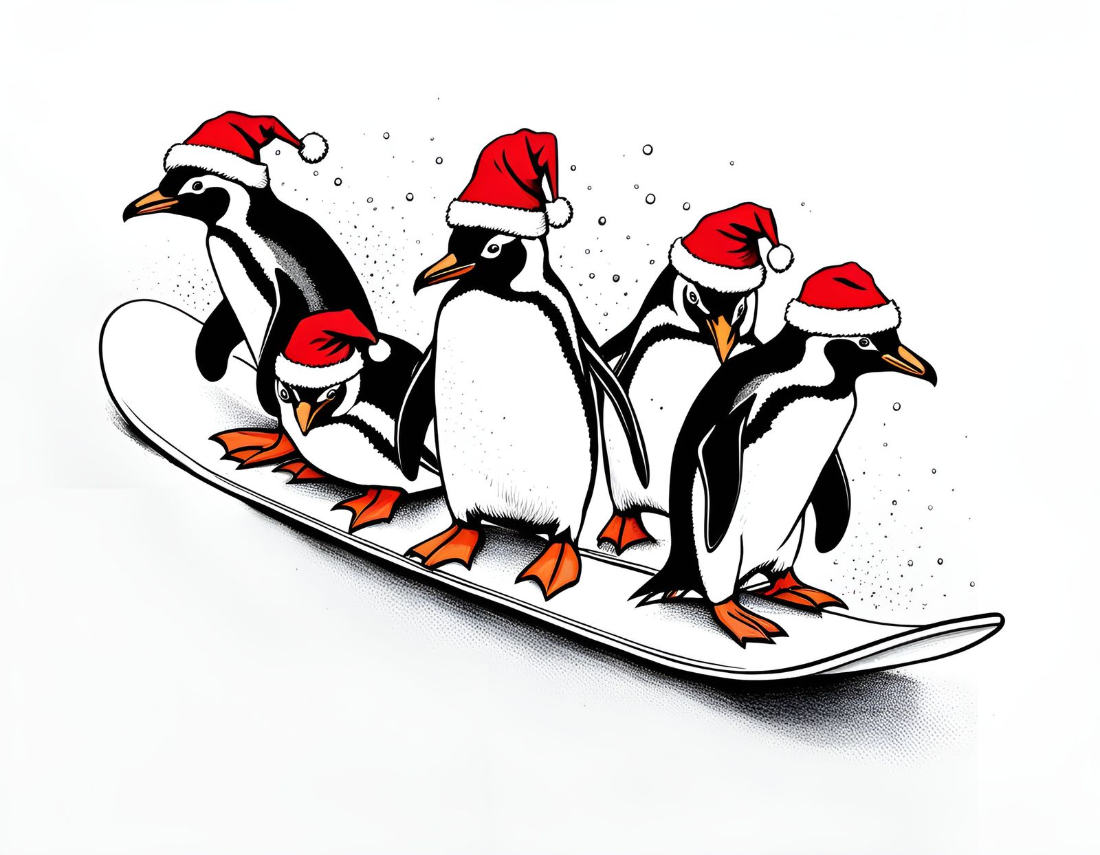 Penguins Snowboarding in Minimalist Line Art