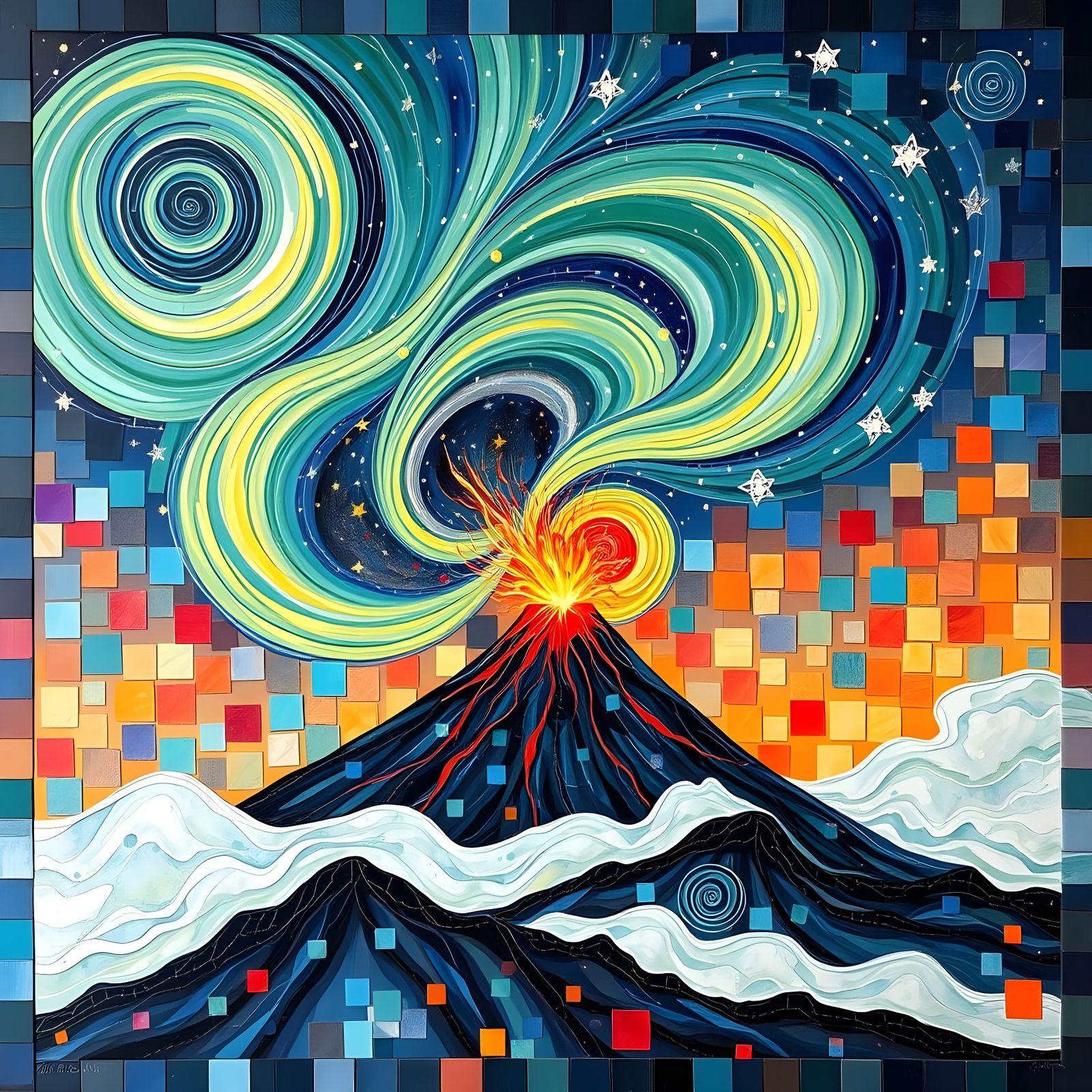 Surreal Aurora Borealis Scene in Abstract Mosaic Style