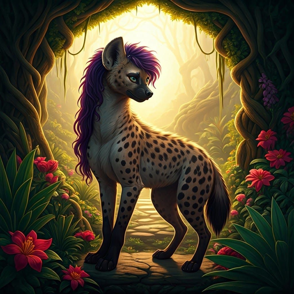 Anthropomorphic She-Hyena in a Serene Garden Scene