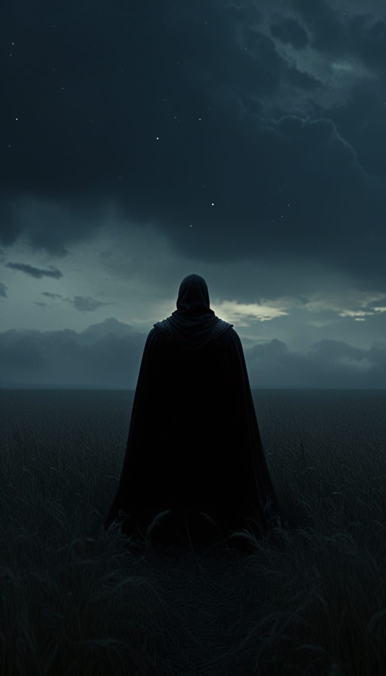 Lone Warrior in Moody Night Field, Cinematic Realism