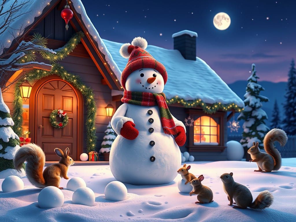 Ethereal Snowman Welcomes Winter Friends in Whimsical 3D Sce...