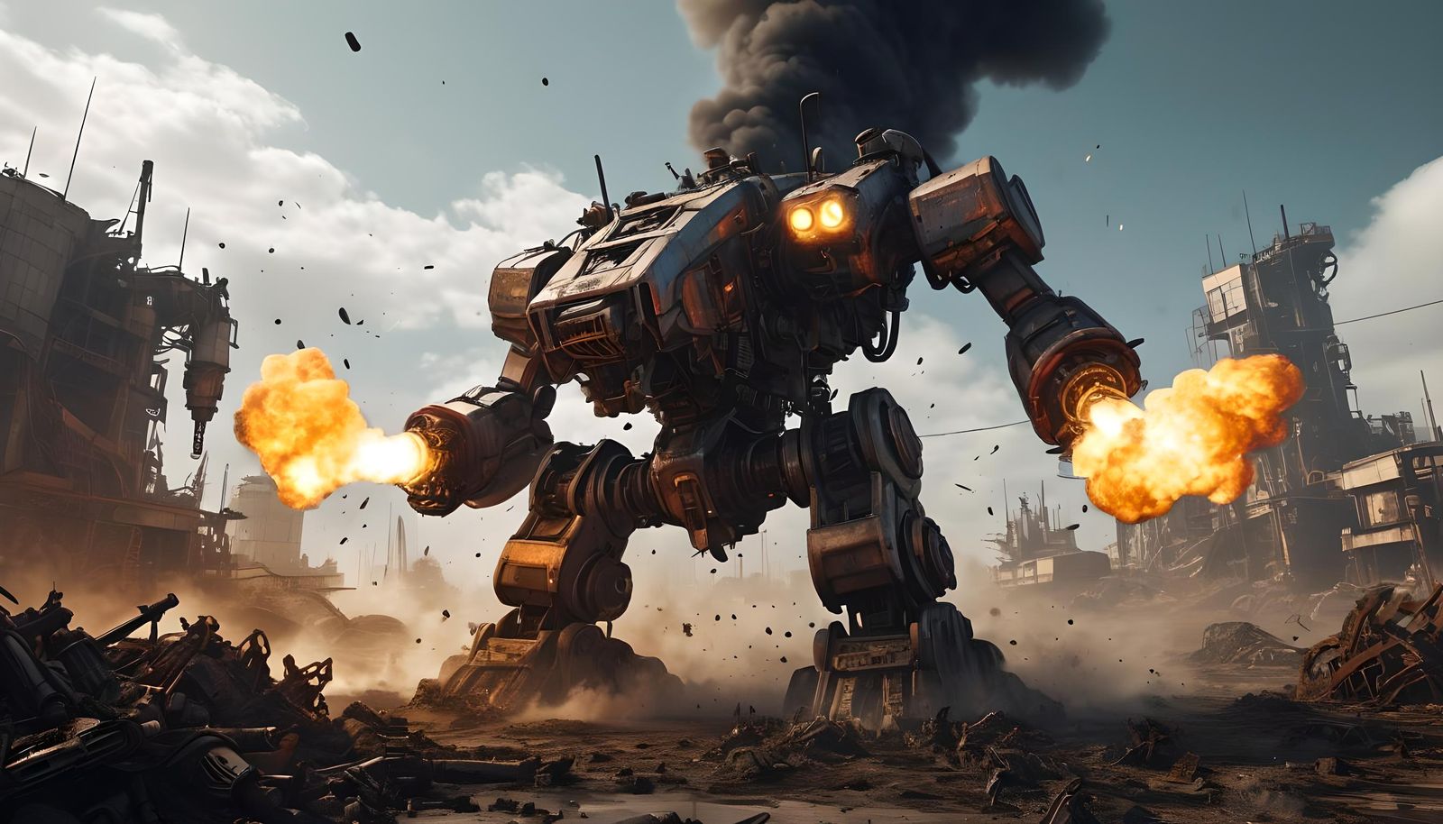 Mecha-Warrior Battle on a Scorched Wasteland