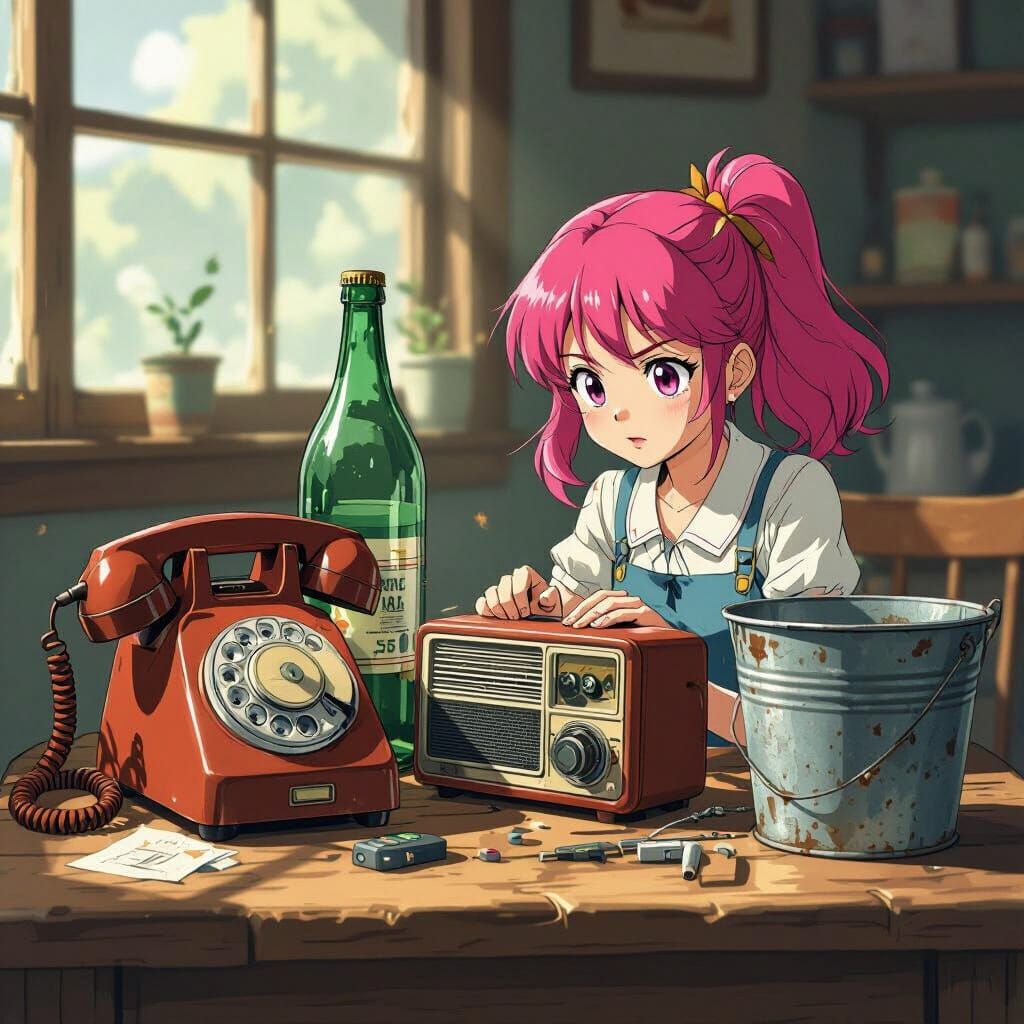Anime Girl Fixes Vintage Radio with Dr. Enuf Bottle