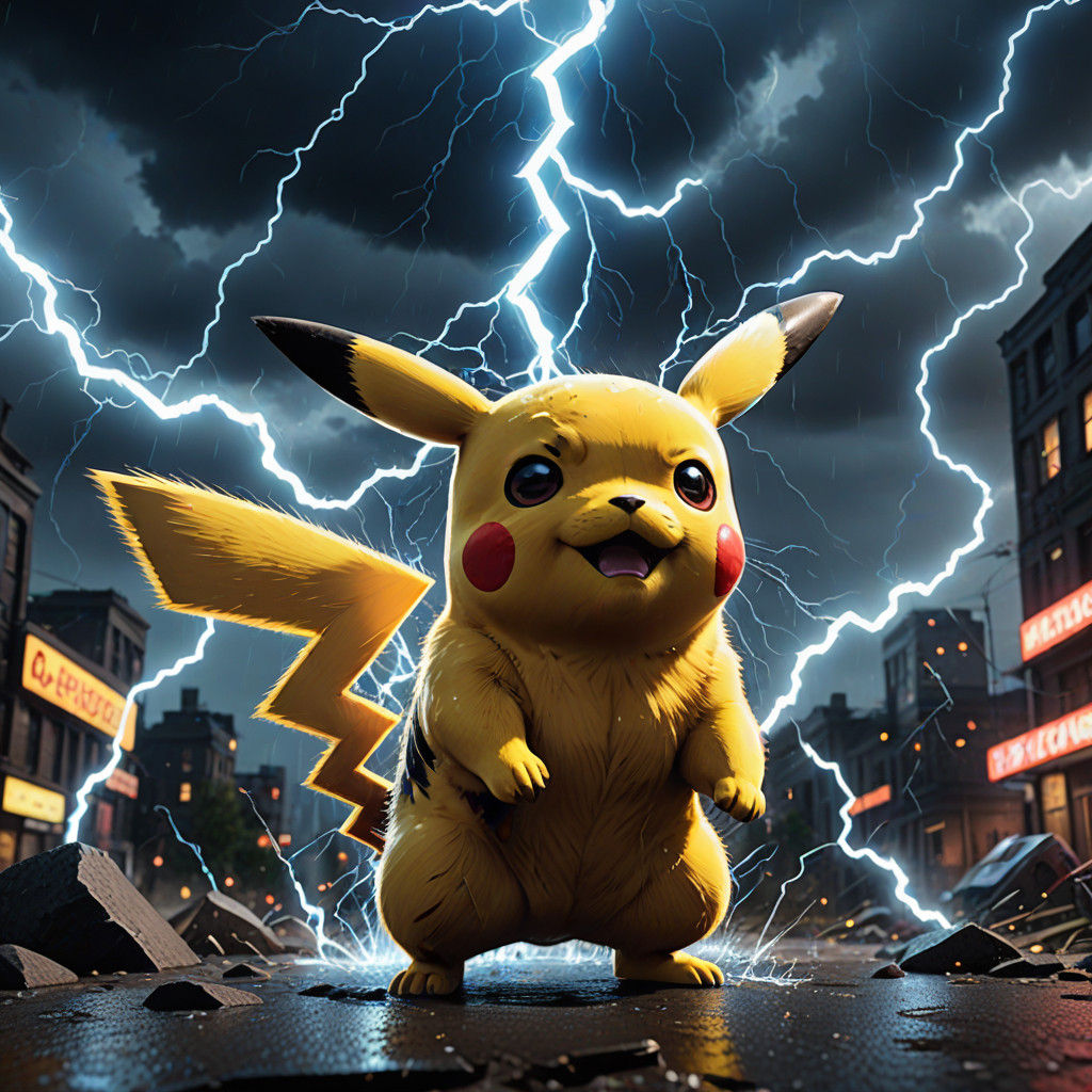 Pikachu Unleashes Thunderous Fury in Neon-Lit Storm