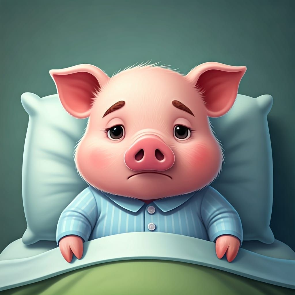 Sick Piglet in Pajamas Cartoon