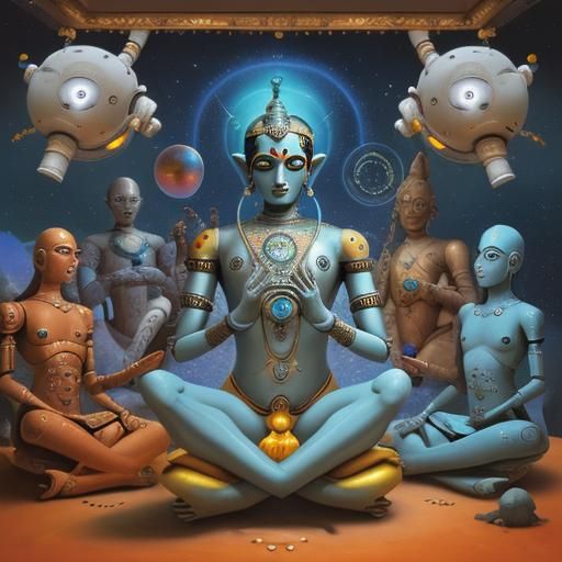 Krishna Leads Meditation in Space, Surrealist Oil Painting
