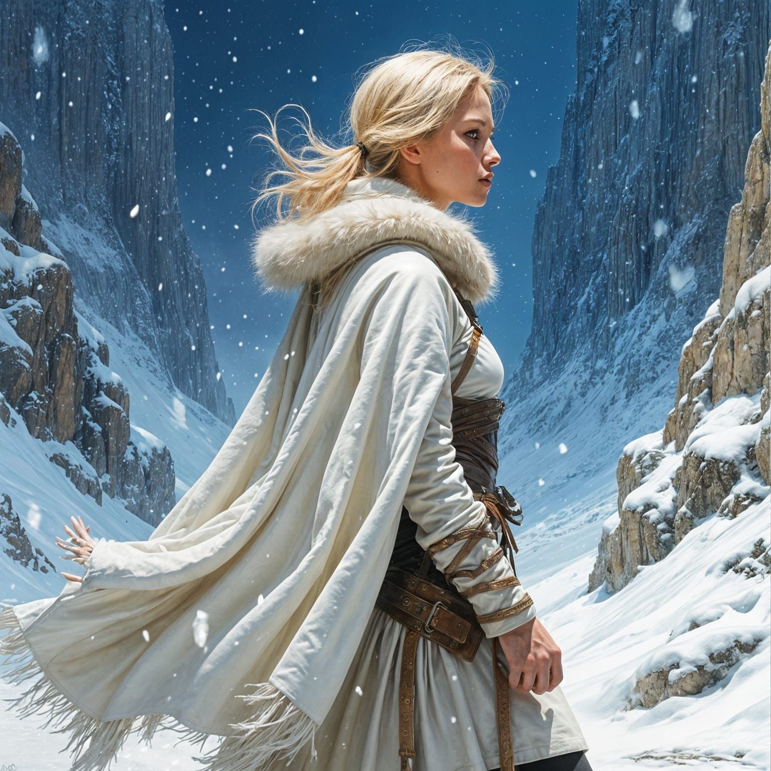 Female Adventurer in Snowy Mountains Illustration