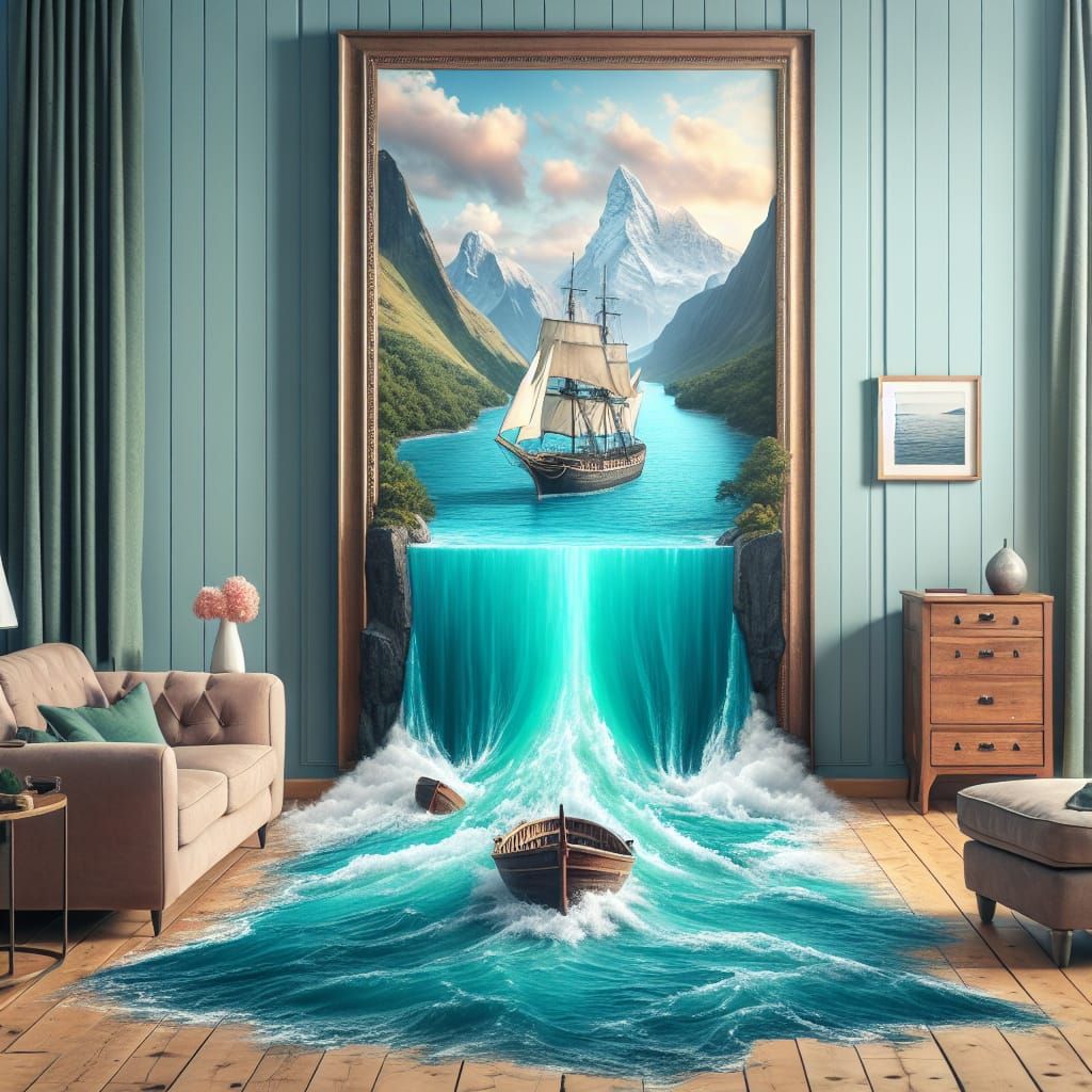 River Flows from Painting in Surreal Scene