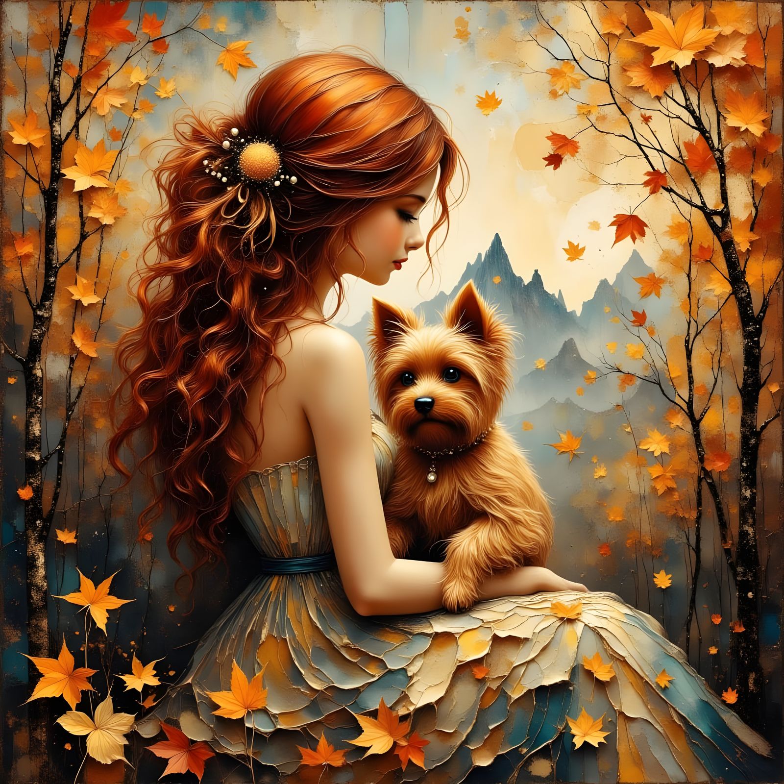 Elegant Girl With Yorkie in Autumn Landscape